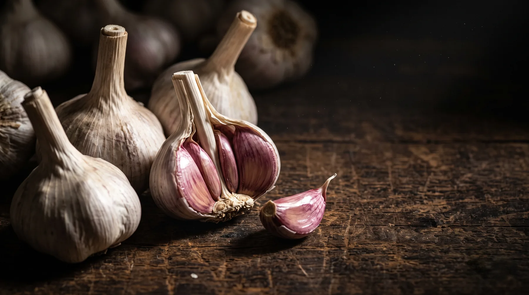 Cured hardneck garlic bulbs with braided stems