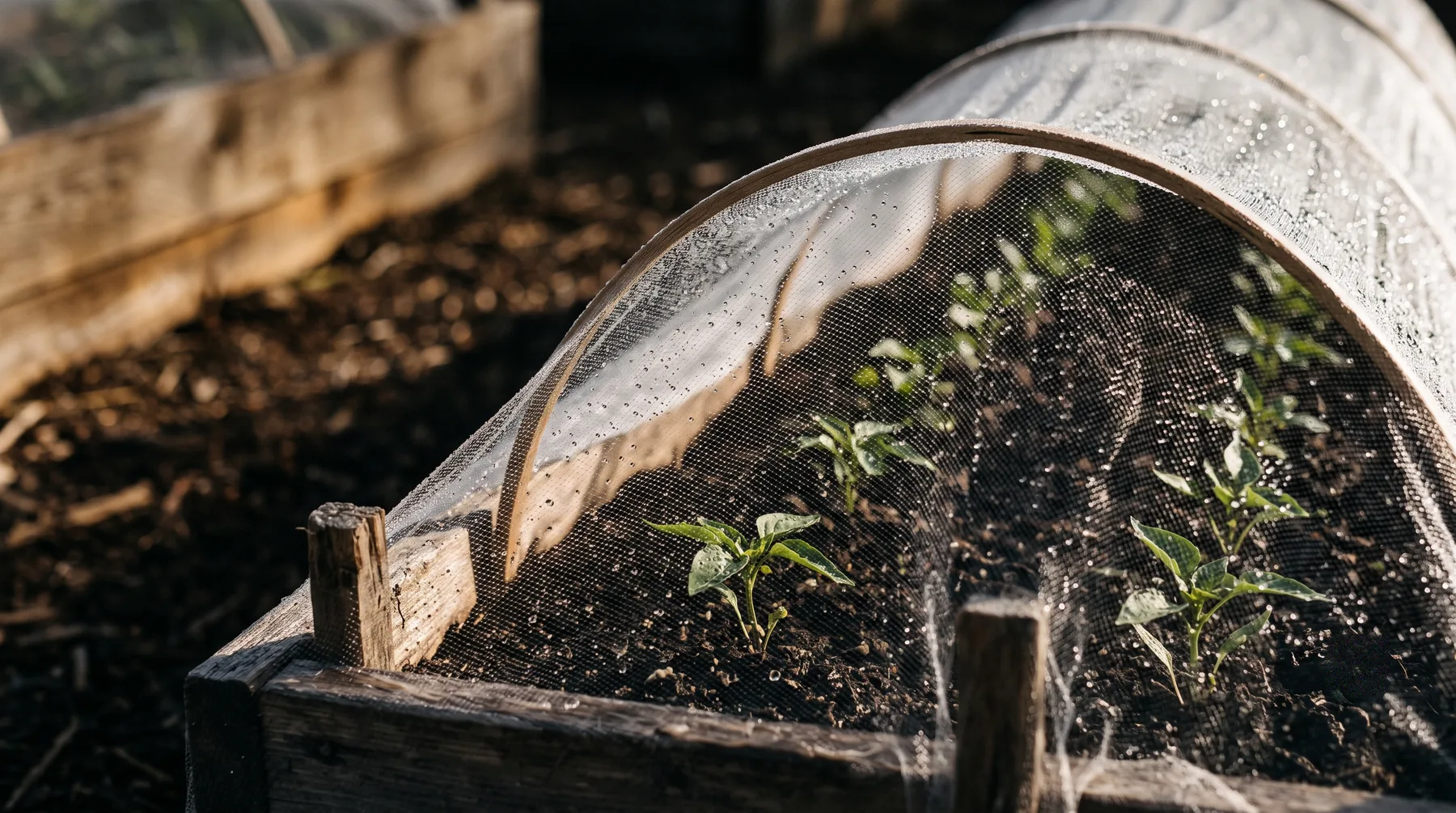 Fine insect netting draped over a raised bed of young pepper plants