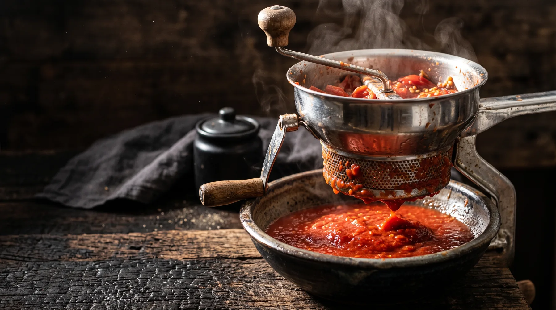Tomato sauce being passed through a stainless food mill into a bowl