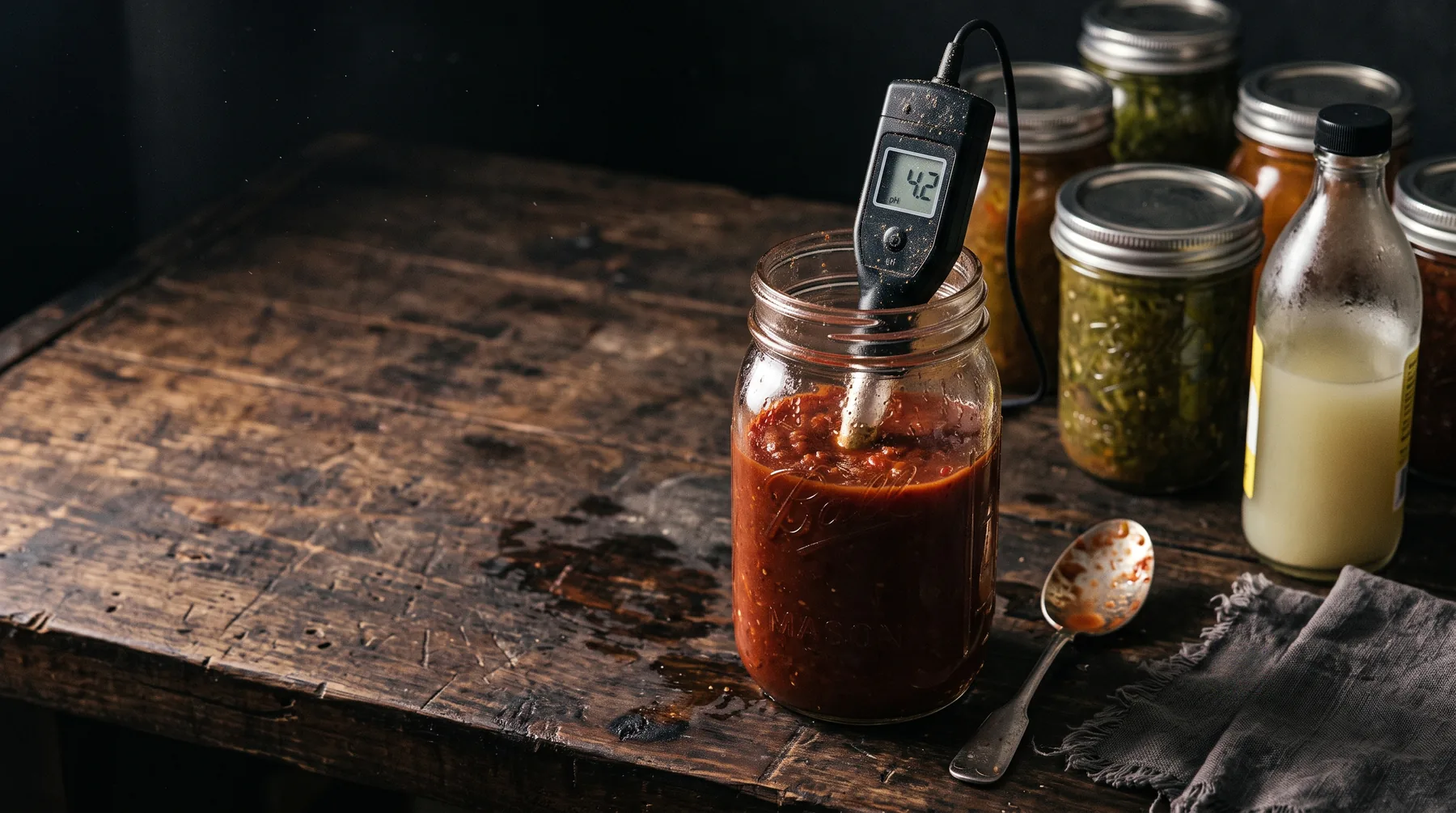 A pH meter reading in a jar of red sauce beside canning jars