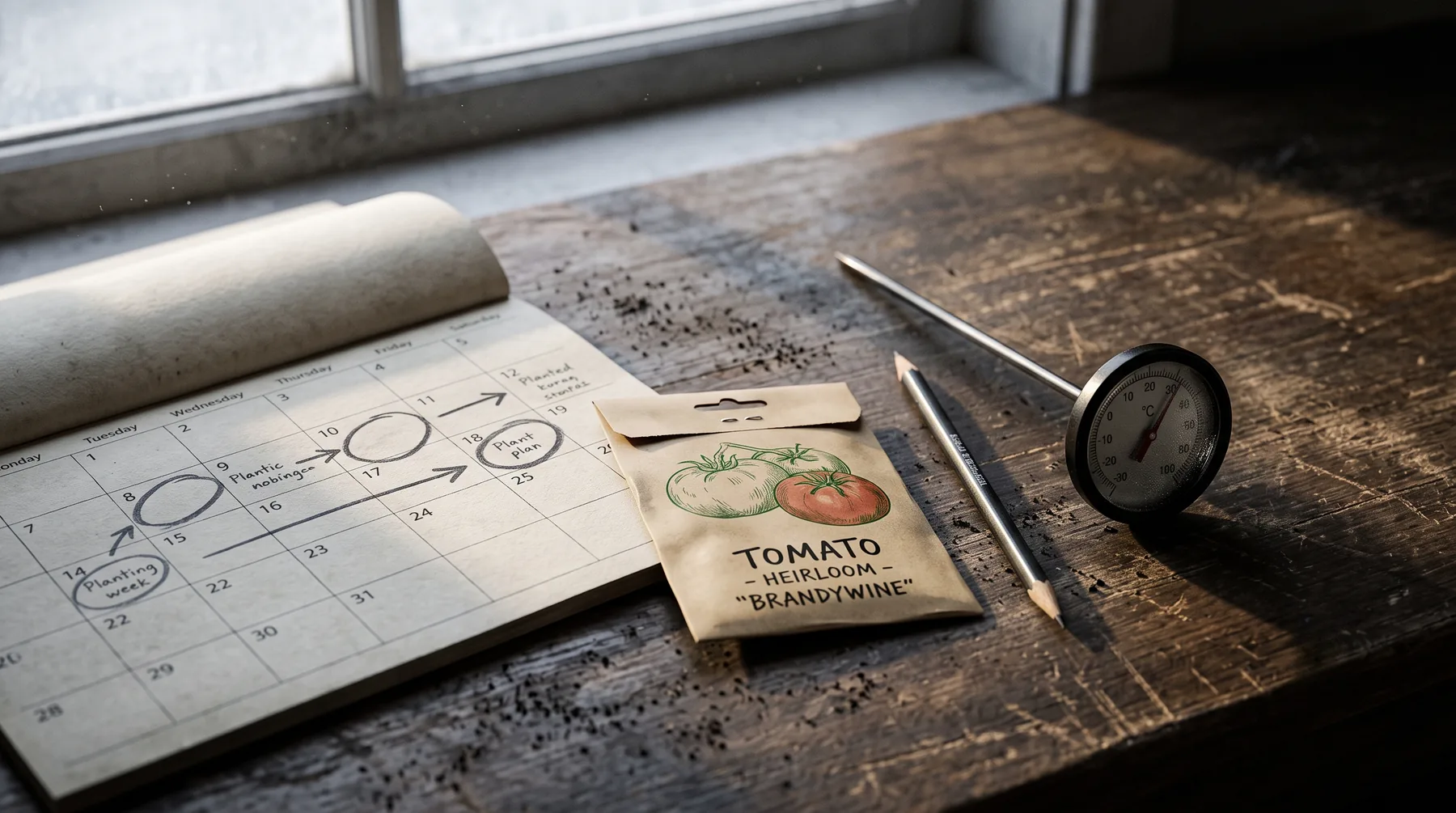 A wall calendar marked with sowing and transplant dates beside seed packets