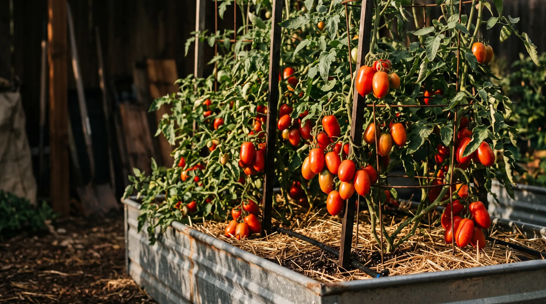 A galvanized raised bed of caged paste tomatoes with drip line and mulch
