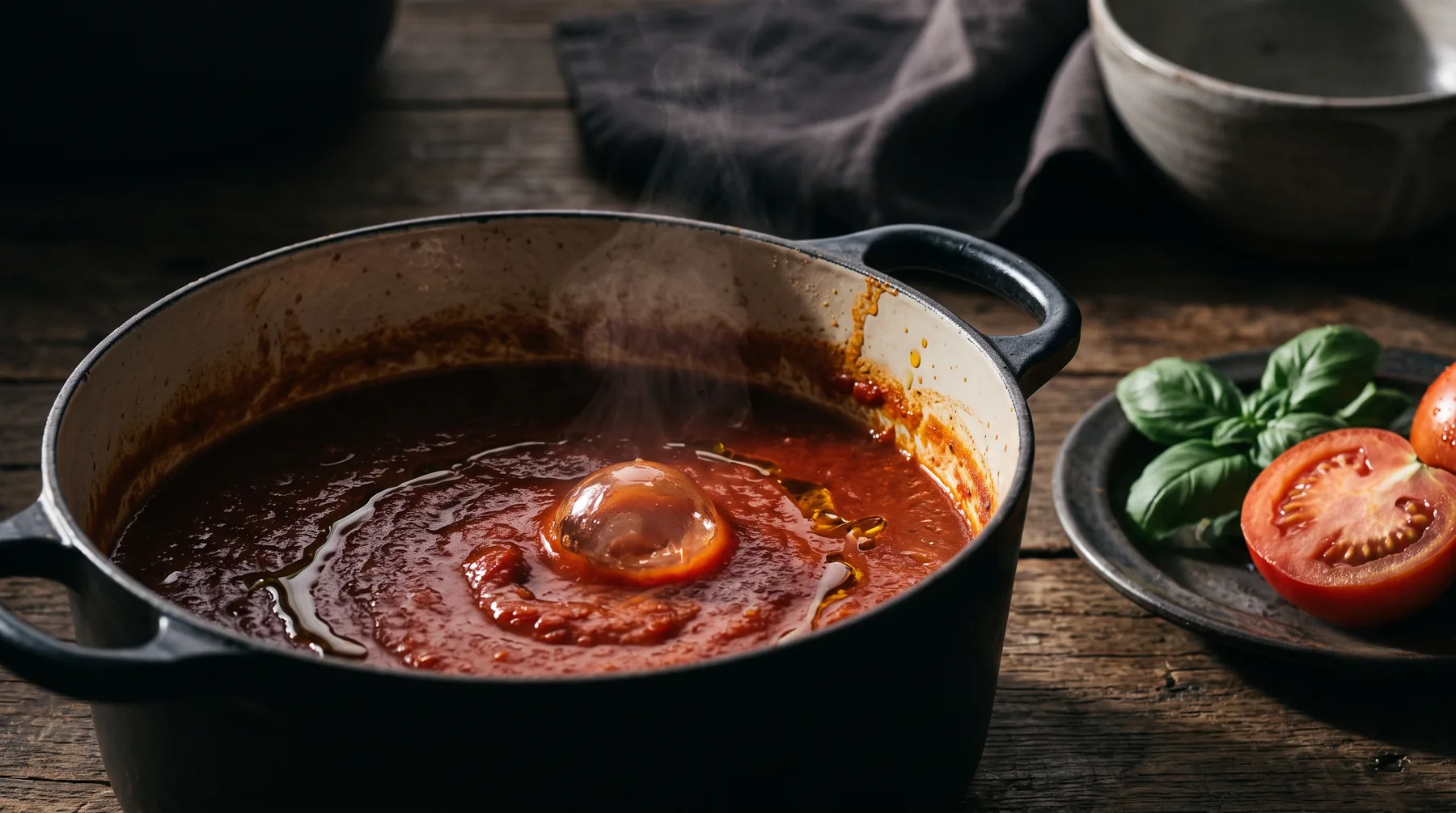 Deep red tomato sauce simmering in an enamelled Dutch oven with basil alongside
